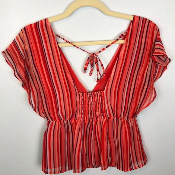 Guess New Women’s XS Marrah Striped Flutter-Sleeve Top - Picture 4 of 10